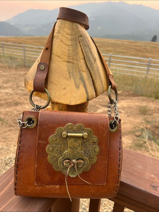 Vintage Handbags - Vintage 70’s Leather Crossbody Bag with Antique Etched Brass Closure